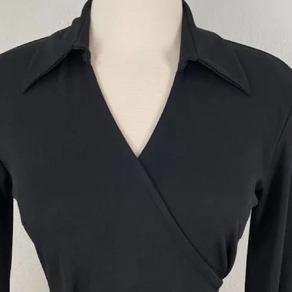SOLD! Express Black Long Sleeve Collared V-Neck Tie Wrap Midi Dress 7/8 - Picture 3 of 16